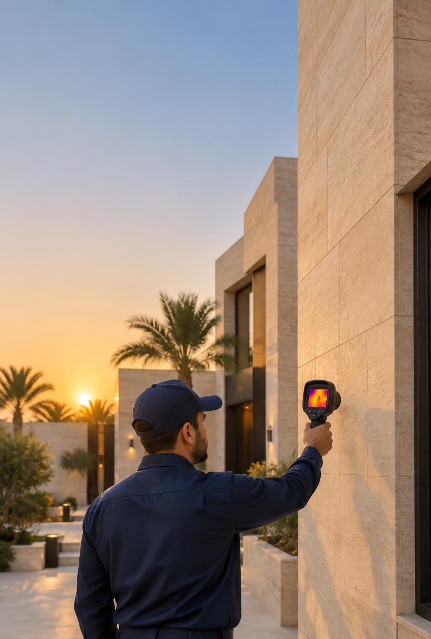 فني يفحص جدار فيلا حديثة بكاميرا حرارية لكشف تسربات المياه